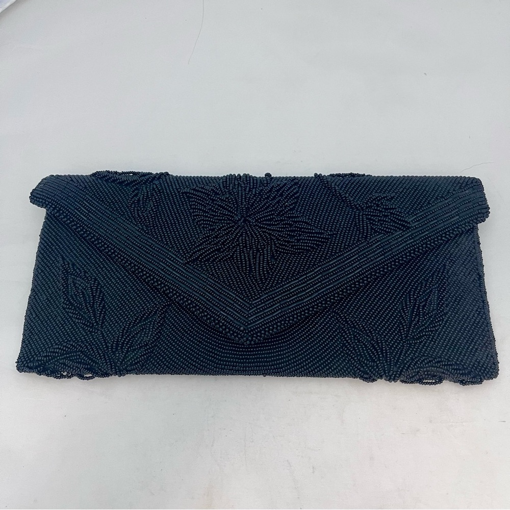 Vintage Unbranded All Over Black Beaded Floral Clutch Purse Hong Kong